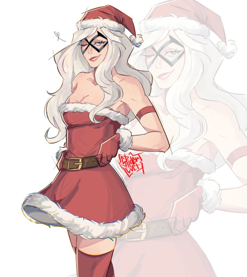 1girl alternate_costume belt brown_belt christmas commentary domino_mask dress english_commentary eye_mask felicia_hardy fur-trimmed_dress fur-trimmed_gloves fur-trimmed_headwear fur_trim gloves hat highres holding holding_mask long_sleeves looking_at_viewer marvel mask one_eye_closed red_dress red_gloves red_hat red_thighhighs santa_costume santa_dress santa_hat signature solo spider-man_(series) spidercvlt strapless strapless_dress thighhighs white_background white_hair zoom_layer