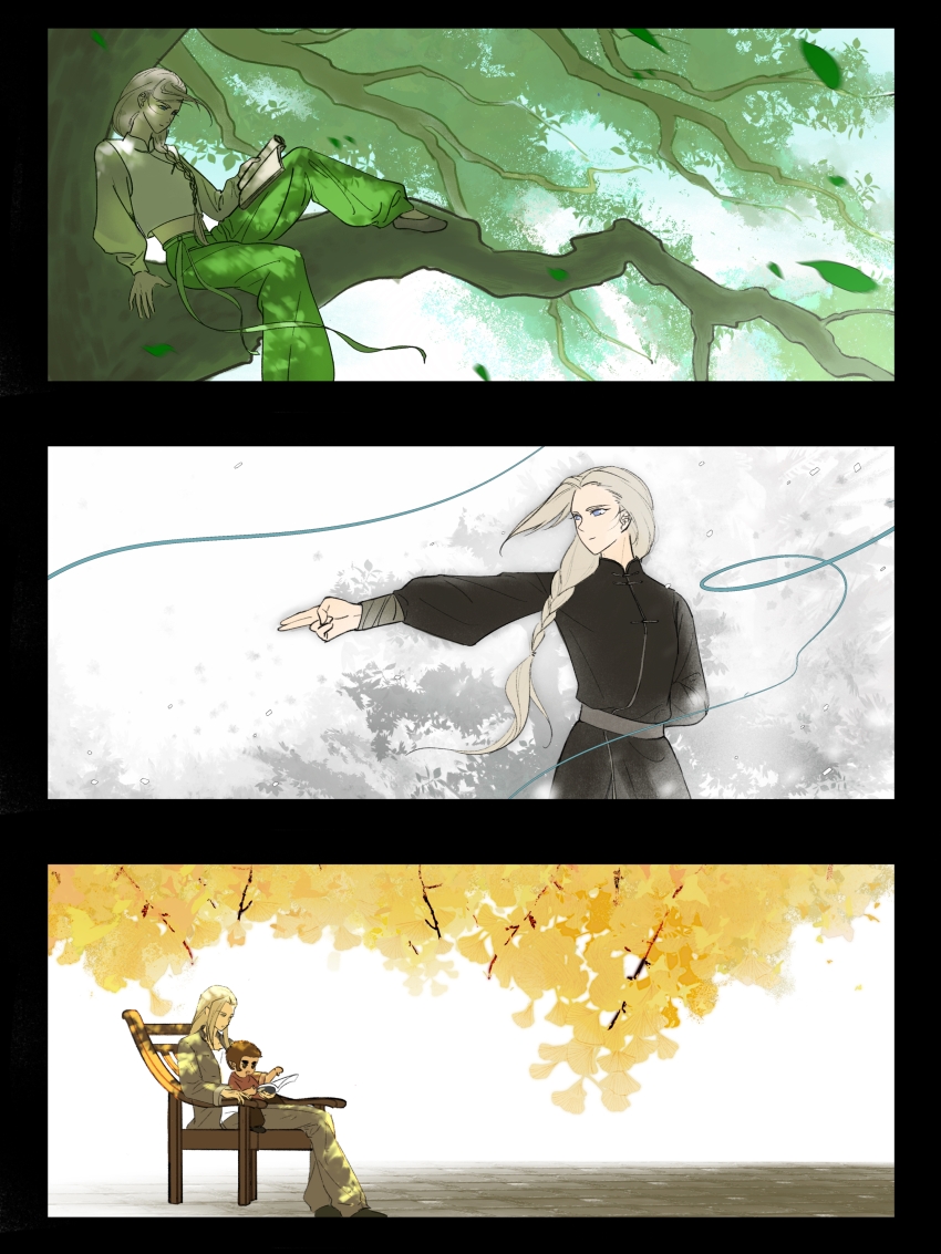 absurdres baby baggy_pants black_border black_hanfu black_shoes border braid character_request chinese_clothes chinese_commentary closed_mouth commentary_request expressionless flats gaiyonghunichengyicunzai404 ginkgo_leaf green_pants grey_eyes grey_hair grey_jacket grey_pants grey_shoes hair_over_shoulder hanfu high_collar highres holding holding_scroll jacket leaf long_hair long_sleeves luo_xiaohei_zhanji luye_(the_legend_of_luoxiaohei) male_focus mandarin_collar midriff multiple_views on_tree open_clothes open_jacket pants pointing puffy_long_sleeves puffy_sleeves reading scroll shirt shoes single_braid sitting sitting_on_lap sitting_on_person string the_legend_of_hei_2 very_long_hair white_shirt wind