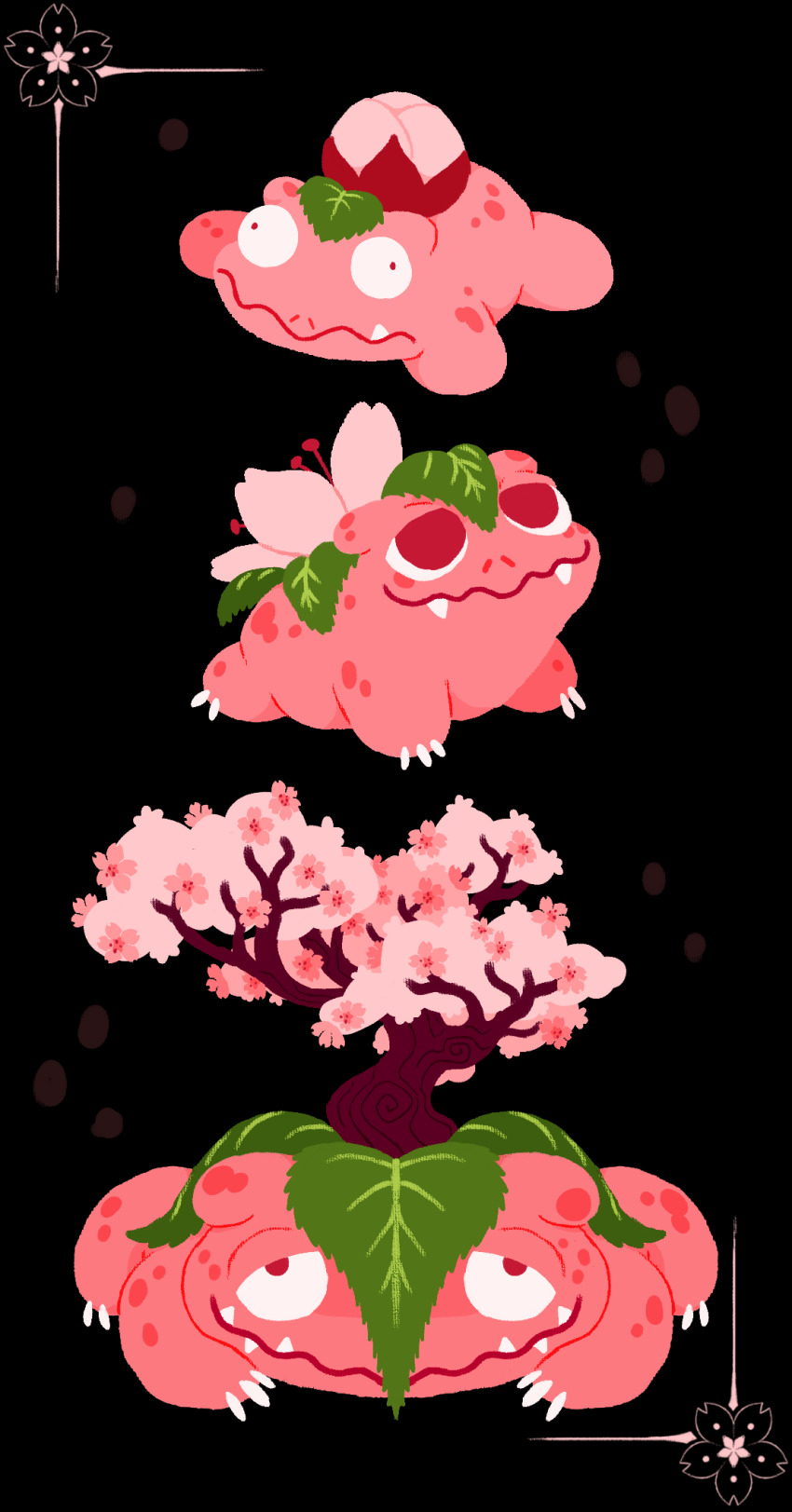 black_background bulbasaur cherry_blossoms chocolatechipkraken claws commentary english_commentary evolutionary_line fakemon fangs gen_1_pokemon highres ivysaur nintendo no_humans nostrils pokemon pokemon_(creature) sharp_teeth simple_background small_pupils teeth tree venusaur wavy_mouth