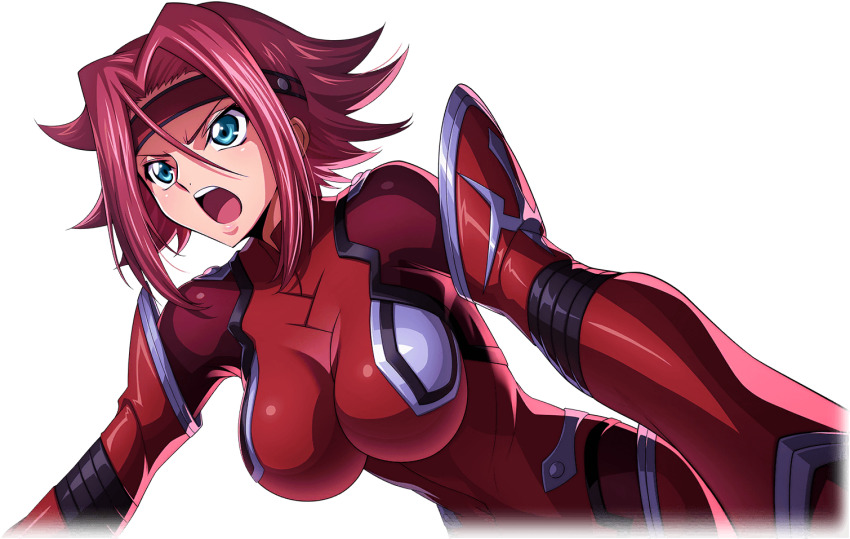 1girl battle blue_eyes bodysuit code_geass code_geass:_lost_stories f4samurai headband kouzuki_kallen official_alternate_costume official_art open_hand open_mouth red_bodysuit red_hair red_headband short_hair solo teeth