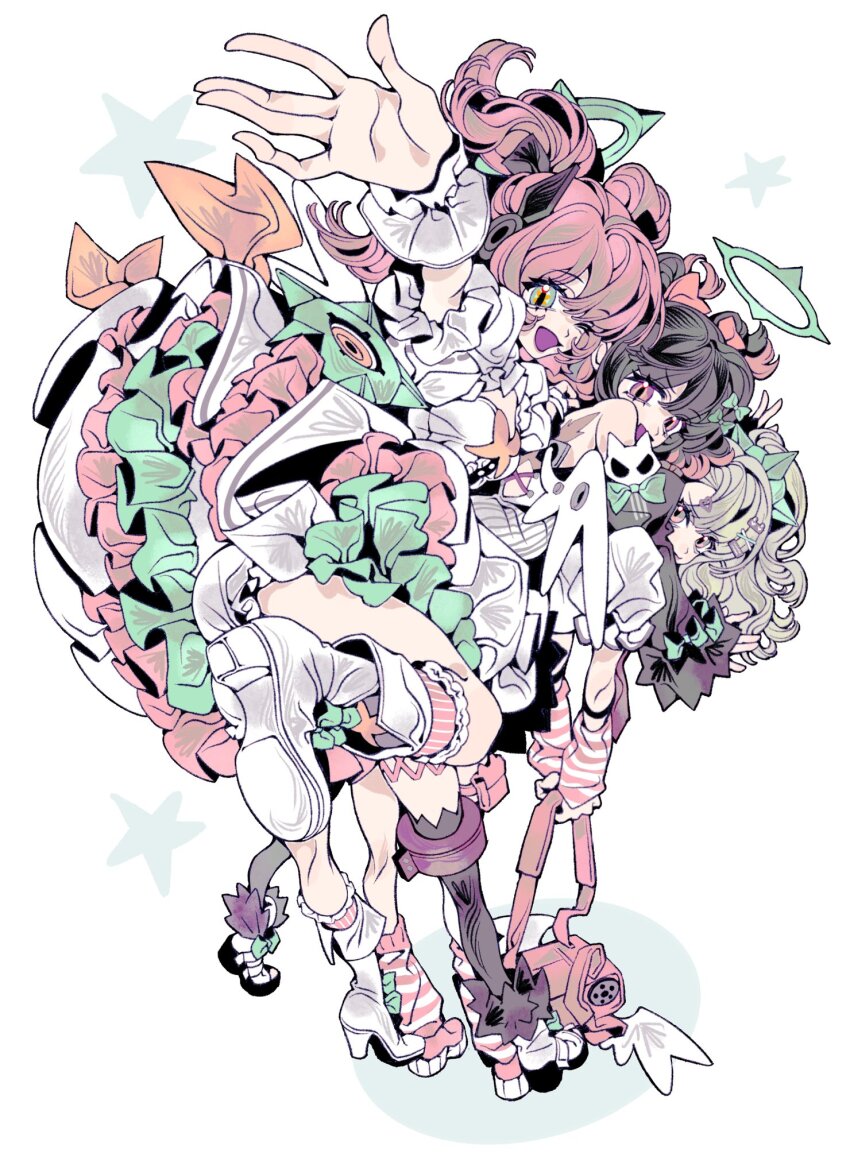 3girls angel_wings back bag bandaid bandaid_hair_ornament bare_shoulders black_hair black_skirt blonde_hair boots bow breasts chinatsu_remiel colored_inner_hair commentary dress footwear_bow frilled_wrist_cuffs frills from_side full_body fur-trimmed_skirt fur_trim green_bow green_eyes green_halo hair_ornament halo highres holding holding_bag human_stacking layered_dress leg_up leg_warmers looking_at_viewer multicolored_hair multiple_girls multiple_hair_clips one_eye_closed open_mouth pink_arm_warmers pink_bag pink_hair pink_leg_warmers pink_shoes pouch puffy_sleeves purple_eyes ring_hair_ornament rokudu_sariel scar scar_on_back shirt shoes short_twintails skirt small_breasts star_(symbol) star_print striped_arm_warmers striped_leg_warmers thigh_pouch too_many_bows twintails waving white_background white_boots white_dress white_shirt white_shoes winged_bag wings wrist_cuffs xjgfhvg yutane_johiel zenless_zone_zero
