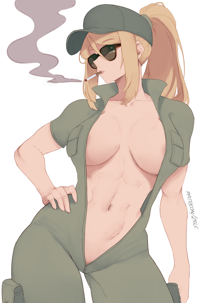1girl areola_slip blonde_hair bodysuit breasts center_opening cigarette collarbone commentary english_commentary green_bodysuit green_hat hand_on_own_hip hat highres large_breasts lips medium_hair metroid navel nintendo patreon_username ponytail samus_aran sidelocks simple_background smoking solo sunglasses unzipped white_background zelc-face zipper