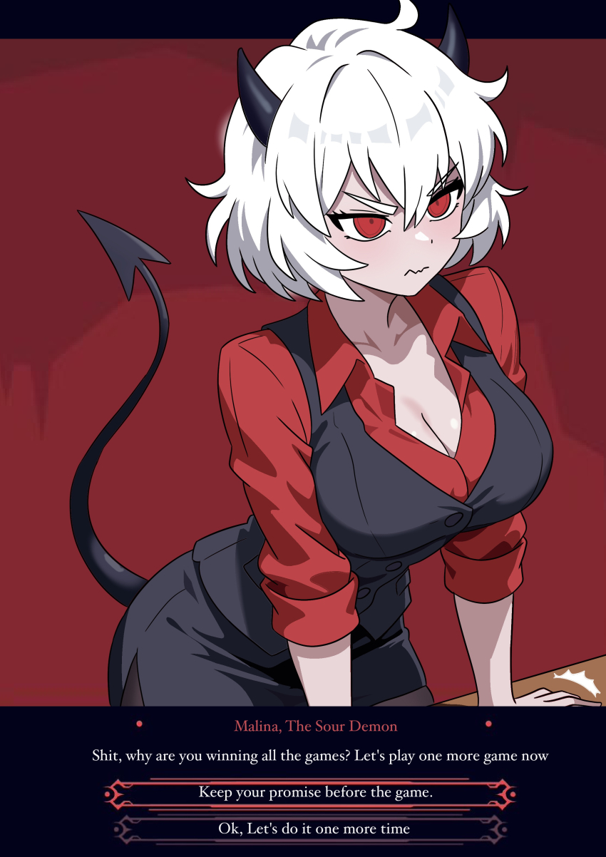 1girl absurdres black_border black_horns black_tail black_vest border breasts character_name cleavage closed_mouth collared_shirt commentary demon_girl demon_horns demon_tail dialogue_box dialogue_options english_text gubee helltaker highres horns large_breasts leaning_forward letterboxed malina_(helltaker) pantyhose red_background red_eyes red_shirt shirt short_hair solo tail vest white_hair
