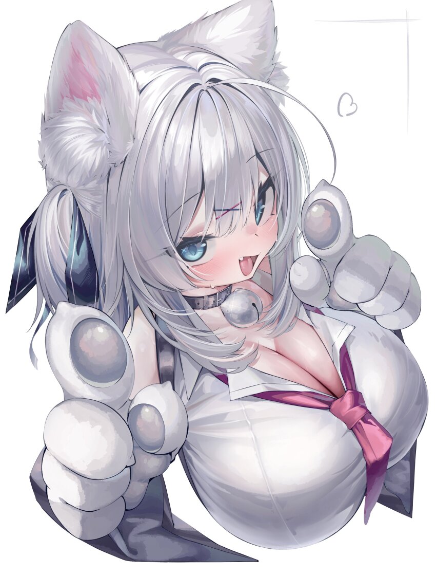 1girl absurdres ahoge animal_ear_fluff animal_ears animal_hands bell black_choker blue_eyes breasts cat_ears choker cleavage commentary_request fang gloves hair_ornament hair_ribbon heart highres huge_breasts konagi_(konotuki) large_breasts looking_at_viewer loose_necktie neck_bell necktie original paw_gloves pointing pointing_at_viewer ribbon shirt short_twintails simple_background twintails upper_body white_background white_hair white_shirt x_hair_ornament