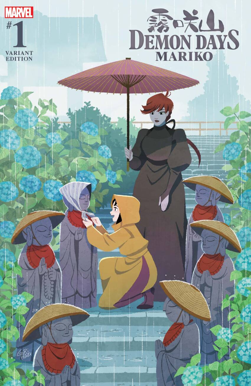 2girls absurdres black_dress black_eyes black_hair black_widow character_name comic_cover company_name copyright_logo copyright_name demon_days_(marvel) dress english_text flower gurihiru highres holding holding_umbrella hood hood_up hydrangea japanese_clothes kimono kuroki_(marvel) logo long_hair low_ponytail mariko_yashida marvel multiple_girls official_art oil-paper_umbrella on_one_knee outdoors ponytail profile rain red_lips stairs tying umbrella yellow_kimono