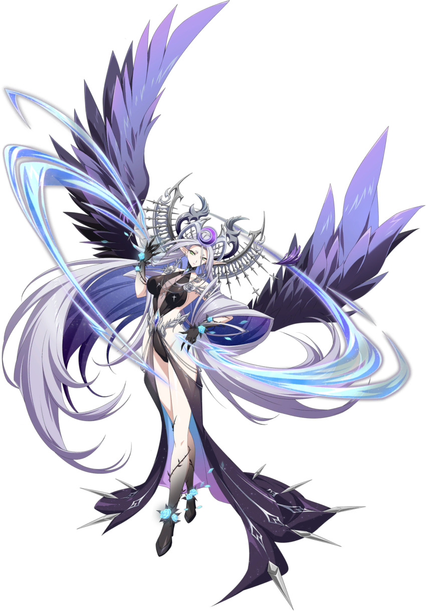 1girl absurdly_long_hair absurdres ankle_flower aura bare_shoulders big_hair black_gloves black_leotard black_shoes black_wings blue_flower blue_gemstone blue_hair blue_petals blue_rose brambles breasts center_opening cleavage closed_mouth crescent crescent_hair_ornament crescent_moon crossed_legs curtained_hair elf energy enya_(langrisser) falling_petals feathered_wings floating_hair flower full_body game_cg gem gloves green_eyes grey_hair hair_ornament hand_on_own_hip hand_up head_tilt headpiece highleg highleg_leotard highres jewelry langrisser langrisser_mobile large_breasts legs leotard light_frown long_bangs long_hair long_pointy_ears looking_at_viewer magic moon multicolored_hair no_bra official_alternate_costume official_art parted_bangs petals plant pointy_ears revealing_clothes rose rose_petals second-party_source serious shoes short_eyebrows sideboob sideless_leotard sideless_outfit simple_background sleeveless solo spread_wings standing tachi-e tassel tassel_hair_ornament taut_leotard thorns train_(clothing) transformation transparent_background very_long_hair vines wings wrist_flower