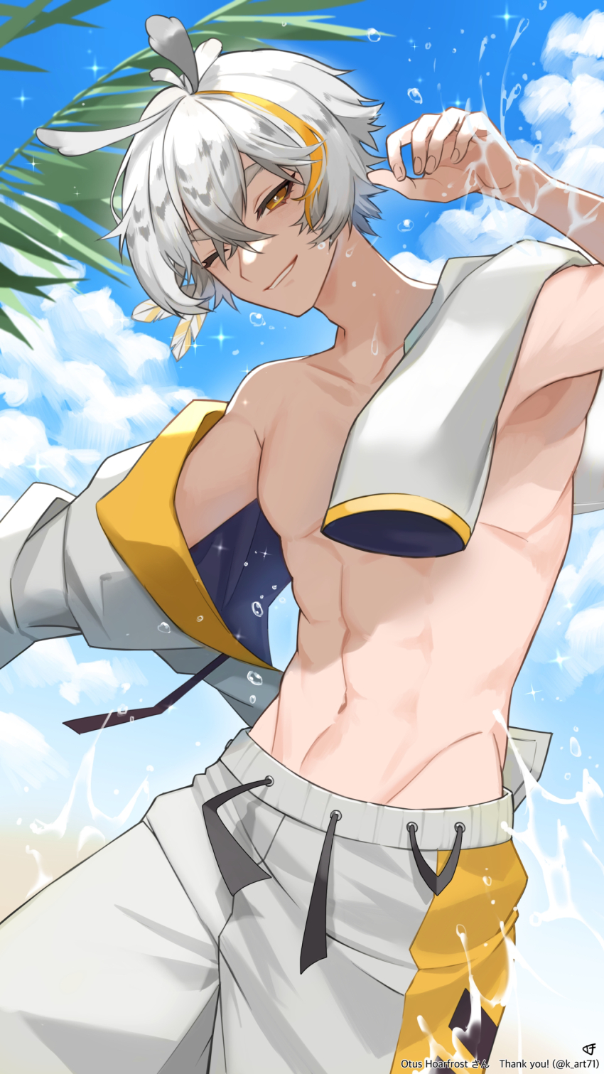 1girl blonde_hair character_name cloud commentary_request commission highres indie_virtual_youtuber k_(art71) male_focus multicolored_hair one_eye_closed otus_hoarfrost palm_leaf short_hair shorts skeb_commission sky solo streaked_hair topless_male twitter_username virtual_youtuber water white_hair white_shorts yellow_eyes