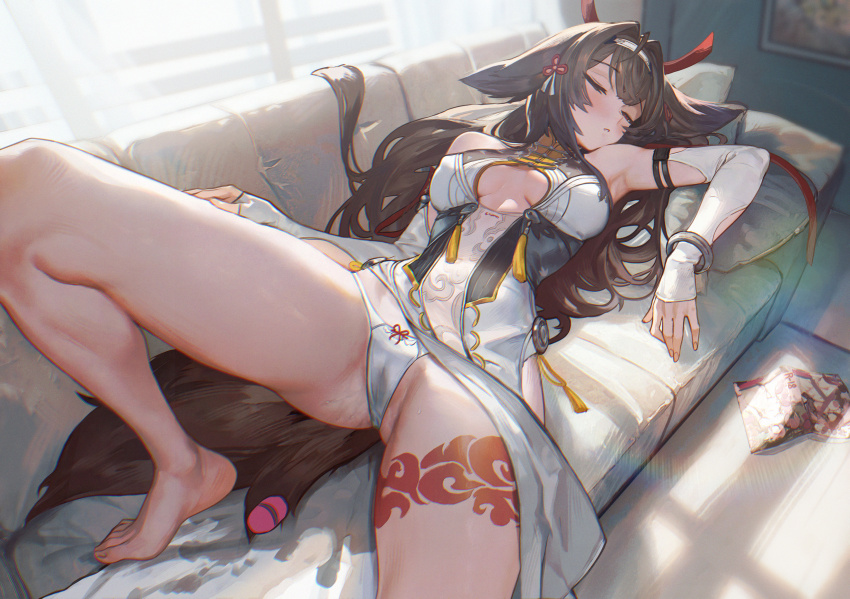 1girl absurdres after_masturbation animal_ears breasts brown_hair brown_tail china_dress chinese_clothes clothing_aside commentary couch detached_sleeves dress egg_vibrator fox_ears fox_girl fox_tail hairband highres indoors kryp132 leg_tattoo long_hair manga_(object) medium_breasts on_couch panties pelvic_curtain pelvic_curtain_aside pornography pussy_juice_stain sex_toy side-tie_panties sleeping solo tail tattoo underwear vibrator white_hairband ye_shunguang zenless_zone_zero