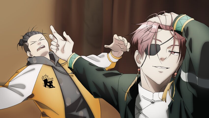 2boys absurdres adjusting_hair black_hair brown_hair duel earrings eyepatch furin_high_school_uniform hair_slicked_back hashtag-only_commentary highres jacket jewelry lion_print long_sleeves male_focus meme multicolored_jacket multiple_boys naoya_hitting_choso_without_looking_(meme) parody popped_collar scene_reference school_uniform short_hair smile suo_hayato t0yacht tassel tassel_earrings two-tone_jacket wind_breaker_(nii_satoru)