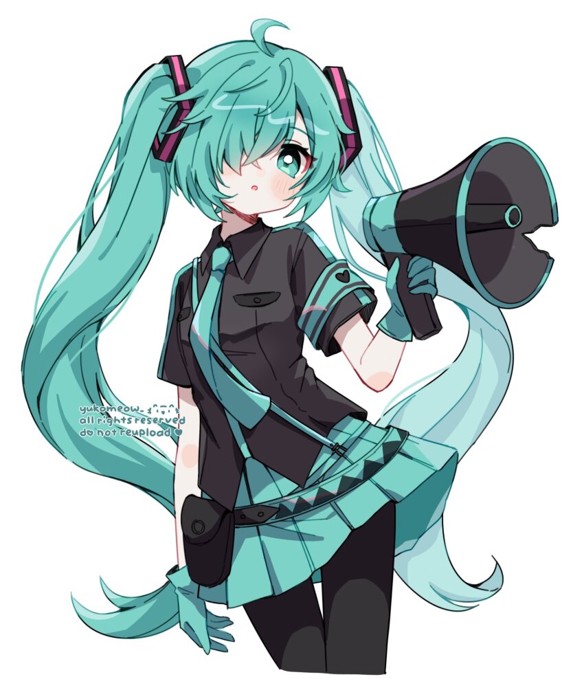 1girl :o ahoge artist_name black_shirt blush collared_shirt commentary cropped_legs english_commentary gloves green_eyes green_gloves green_hair green_skirt hair_over_one_eye hatsune_miku highres holding holding_megaphone koi_wa_sensou_(vocaloid) long_hair megaphone miniskirt open_mouth pleated_skirt shirt short_sleeves simple_background skirt solo twintails vocaloid watermark white_background yukomeow