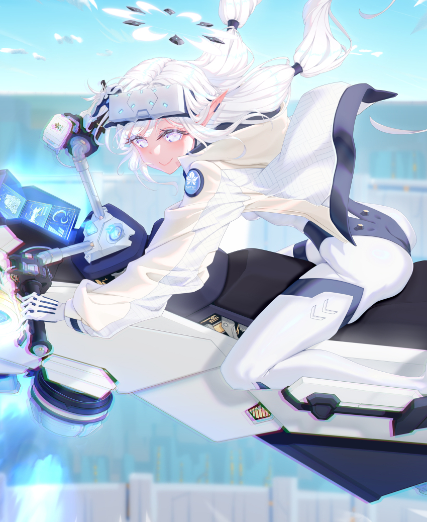 1girl akira_slide blue_archive blush bodysuit breasts drifting fi5h_illust halo head-mounted_display highres himari_(blue_archive) himari_(bodysuit)_(blue_archive) hover_bike hover_vehicle jacket long_hair looking_at_viewer mole mole_under_eye motor_vehicle motorcycle multicolored_halo official_alternate_costume on_motorcycle pointy_ears purple_eyes riding smile solo two-tone_halo white_bodysuit white_hair white_halo