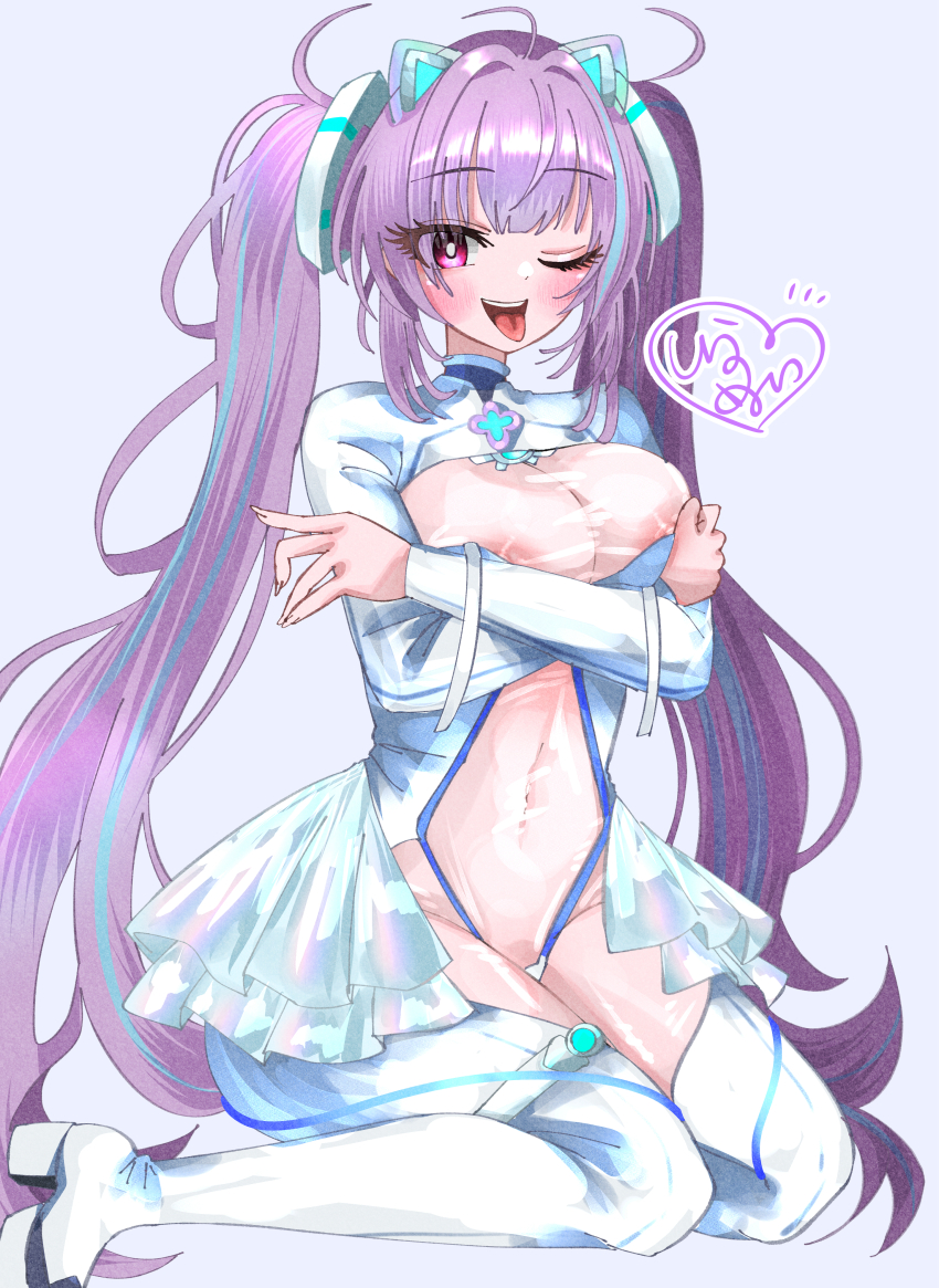 1girl ;p absurdres azur_lane blue_hair blue_streaks blush bodysuit breasts commentary_request covered_navel crossed_arms high_heels highres large_breasts multicolored_hair nipples one_eye_closed open_mouth pasadena_(azur_lane) pink_eyes purple_background purple_hair shiranuinuiko signature simple_background sitting solo streaked_hair tongue tongue_out twintails white_background white_bodysuit