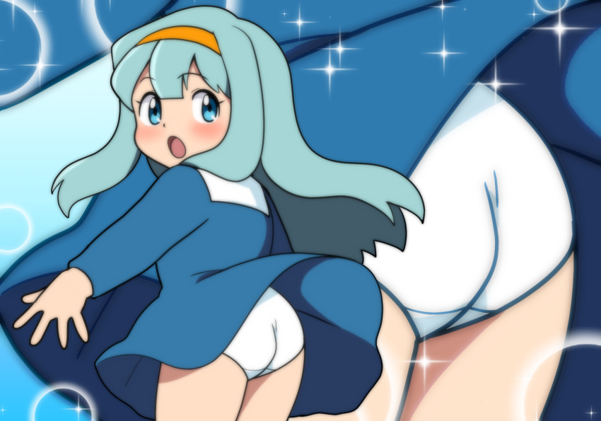 1girl ass bishie_sparkle blue_background blue_dress blue_eyes blue_hair blue_theme blush dress from_behind hairband loli long_hair looking_at_viewer looking_back multiple_views open_mouth original panties sleeveless sleeveless_dress sparkle standing underwear white_panties wind wind_lift yume_yoroi