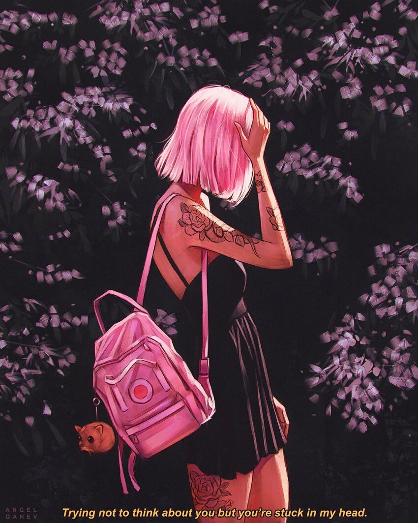 1girl angel_ganev animal_charm arm_at_side arm_tattoo arm_up artist_name backpack bag bare_arms bare_shoulders black_dress blunt_ends bob_cut breasts charm_(object) chromatic_aberration commentary covered_face cowboy_shot dress english_commentary english_text floral_background flower flower_tattoo from_side hand_on_own_forehead highres original outdoors pink_bag pink_hair pleated_dress purple_flower short_dress short_hair sidelighting sleeveless sleeveless_dress small_breasts solo standing subtitled tattoo