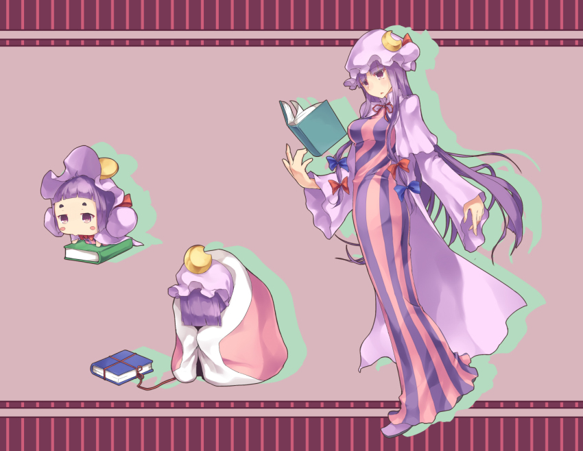 3girls blush_stickers book capelet chibi crescent dress evolution evolutionary_line female_focus floating futon gen_5_pokemon hair_ribbon hat leavanny long_hair multiple_girls multiple_persona nintendo open_book parody patchouli_knowledge pokemon pokemon_(creature) purple_eyes purple_hair ribbon sewaddle striped_clothes striped_dress sue_sgr_u swadloon touhou wide_sleeves wrapped_up
