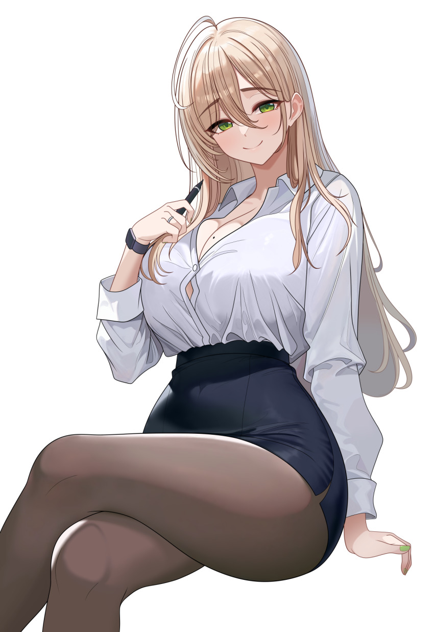 1girl ahoge arm_support ban_joo-hee blonde_hair blue_skirt breasts brown_pantyhose bursting_breasts button_gap cleavage closed_mouth collared_shirt commentary_request commission covered_navel crossed_legs feet_out_of_frame fingernails green_eyes green_nails hand_up high-waist_skirt highres holding holding_pen huge_ahoge invisible_chair jewelry korean_commentary large_breasts light_blush long_hair long_sleeves looking_at_viewer love_delivery marheit microskirt mole mole_on_breast nail_polish office_lady pantyhose parted_lips pen pencil_skirt ring shirt side_slit simple_background sitting skirt sleeve_cuffs smile solo straight_hair taut_clothes taut_skirt thick_eyebrows thighs tsurime watch white_background white_shirt wing_collar wristwatch