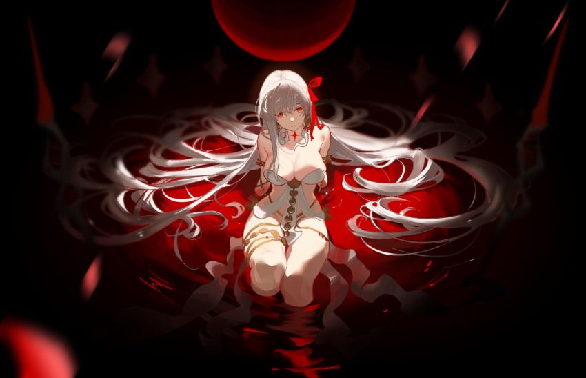 1girl bare_arms bare_shoulders bikini cherrymaru closed_mouth dancer durga_(fate) durga_(first_ascension)_(fate) expressionless fate/grand_order fate_(series) hair_between_eyes hair_ribbon long_hair looking_at_viewer red_eyes red_ribbon ribbon sidelocks solo swimsuit thigh_strap white_bikini white_hair