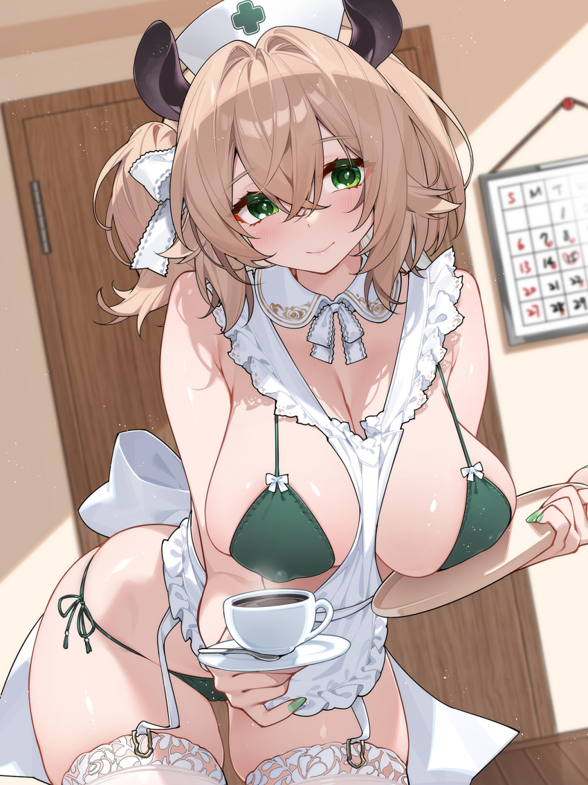 1girl animal_ears apron bikini breasts brown_hair coffee covered_erect_nipples cup garter_straps green_bikini green_eyes hat highres indie_virtual_youtuber large_breasts looking_at_viewer maid maid_bikini medium_hair nimi_nightmare nurse_cap side-tie_bikini_bottom smile solo swimsuit thighhighs unconventional_maid virtual_youtuber waterring white_apron white_garter_straps white_thighhighs