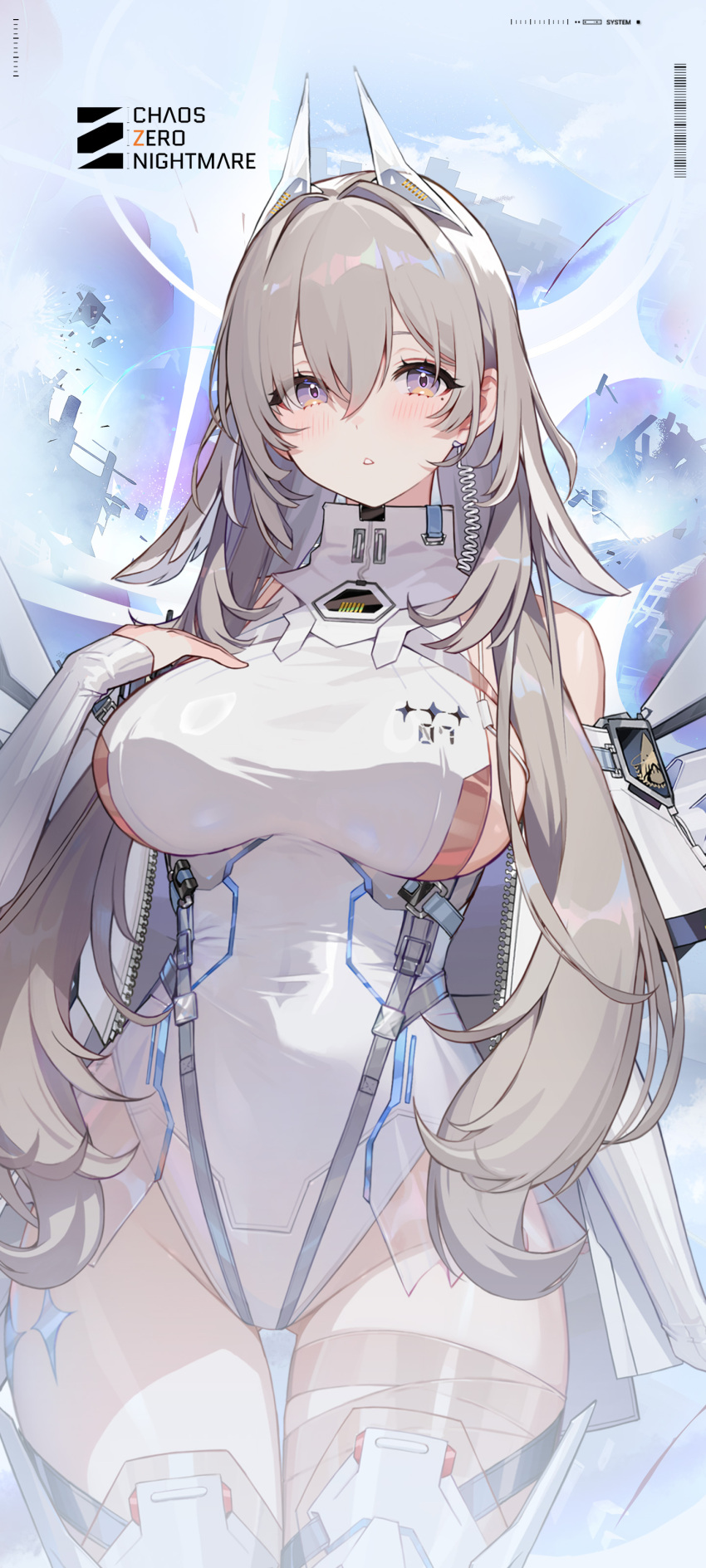1girl absurdres artist_request blush breasts chaos_zero_nightmare commentary copyright_name grey_hair hair_between_eyes hand_on_own_chest highres leotard long_hair mole mole_under_eye purple_eyes sereniel_(chaos_zero_nightmare) solo thigh_gap white_leotard zipper