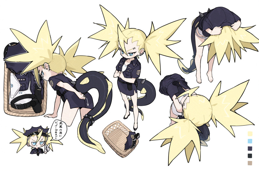1girl absurdres arrow_(symbol) barefoot basket belt bent_over black_belt black_hat black_shirt black_shoes black_skirt blonde_hair blue_eyes chibi chibi_inset clothes_lift collar color_guide commentary_request crossed_legs ear_piercing eel_girl eel_tail eyebrow_piercing face_piercing feet from_above hat highres lifting_own_clothes multiple_views original panties pencil_skirt piercing police police_hat police_uniform policewoman shirt shirt_lift shoes short_sleeves simple_background skirt speech_bubble spiked_collar spiked_hair spikes standing tail tiptoes toes translation_request twintails underwear undressing unworn_clothes white_background white_panties zizi_niisan