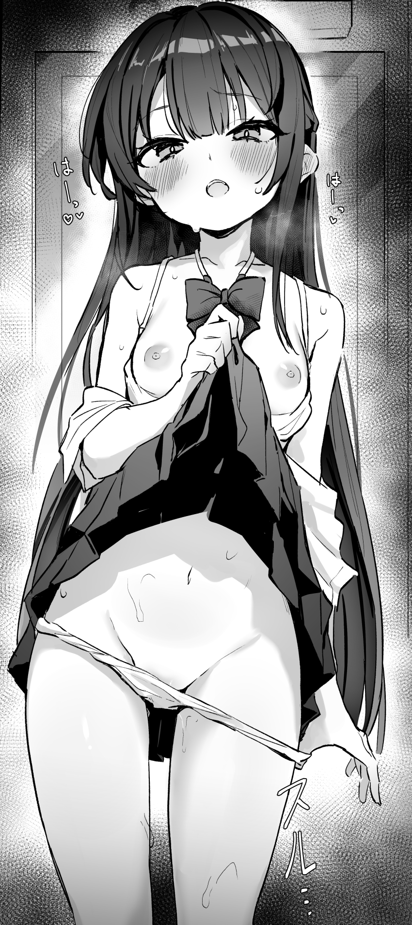 1girl :o absurdres blush bow bowtie bra bra_pull breasts choppy_bangs clothes_lift clothes_pull commentary_request cowboy_shot groin highres lifting_own_clothes long_hair looking_at_viewer medium_breasts navel nipples open_mouth original panties panty_pull pulling_own_clothes shirt_partially_removed skirt skirt_lift solo sound_effects standing straight_hair sweat toshizou_(0714) translation_request underwear very_long_hair