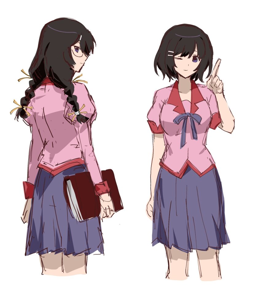 1girl black_hair book braid from_behind glasses hanekawa_tsubasa highres holding holding_book index_finger_raised long_hair looking_at_viewer looking_back monogatari_(series) multiple_views naoetsu_high_school_uniform no_eyewear official_alternate_hair_length official_alternate_hairstyle one_eye_closed pink_shirt purple_eyes purple_skirt school_uniform shirt short_hair simple_background skirt twin_braids w1sd8396453 white_background