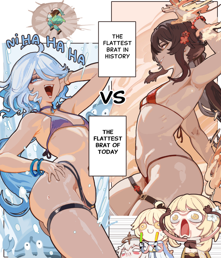 1boy 5girls aether_(genshin_impact) ahoge armpits bikini blonde_hair blue_eyes blue_hair bracelet breasts brown_hair comic commentary cosplay costume_switch crossover english_commentary english_text firefly_(honkai:_star_rail) flat_chest flower flower-shaped_pupils furina_(genshin_impact) genshin_impact glowstick hair_flower hair_ornament hair_over_one_eye halo highres holding holding_glowstick honkai:_star_rail honkai_(series) hu_tao_(genshin_impact) jewelry kinohara_kossuta long_hair lumine_(genshin_impact) mademoiselle_crabaletta mechanical_halo meme micro_bikini multicolored_hair multiple_girls navel open_mouth paimon_(genshin_impact) penlight_(glowstick) purple_bikini red_bikini red_eyes short_hair small_breasts smile stomach strongest_sorcerer_in_history_vs_strongest_sorcerer_of_today surintendante_chevalmarin swimsuit symbol-shaped_pupils teeth thigh_strap twintails water white_hair yamcha_pose_(meme) yellow_eyes