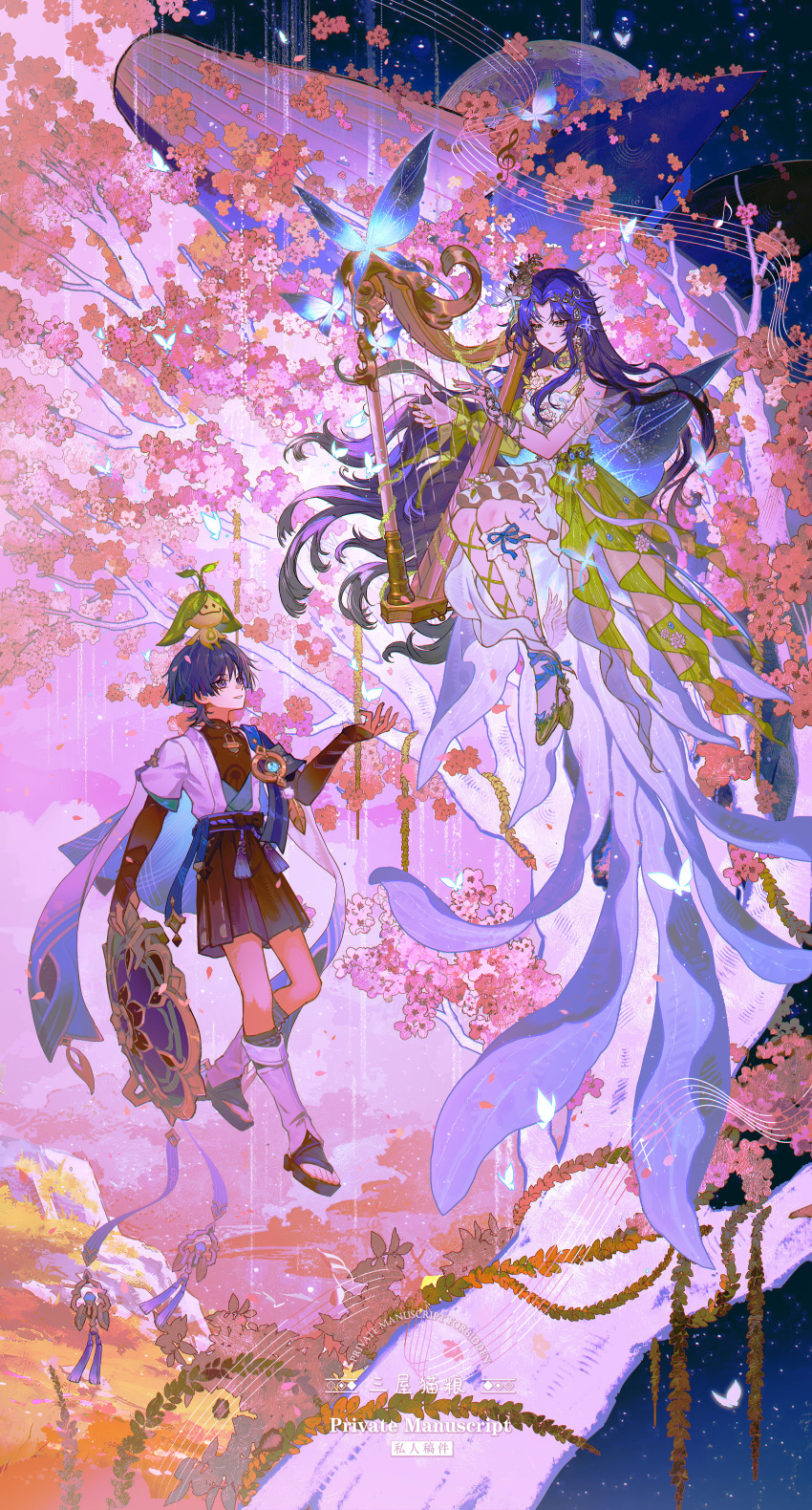 1boy 1girl absurdres animal aranara_(genshin_impact) asymmetrical_legwear blue_butterfly blue_hair branch bridal_gauntlets bug butterfly cherry_blossoms closed_mouth detached_collar dress flower frills full_body full_moon genshin_impact hair_ornament harp hat highres holding holding_unworn_clothes holding_unworn_hat insect instrument long_hair looking_at_another medium_hair moon music night oc_x_canon off-shoulder_dress off_shoulder original parted_bangs parted_lips pink_flower playing_instrument purple_eyes purple_hair san_wu_maoliang sandals scaramouche_(genshin_impact) shorts sky smile star_(sky) tree unworn_hat unworn_headwear wanderer_(genshin_impact) whale yellow_eyes