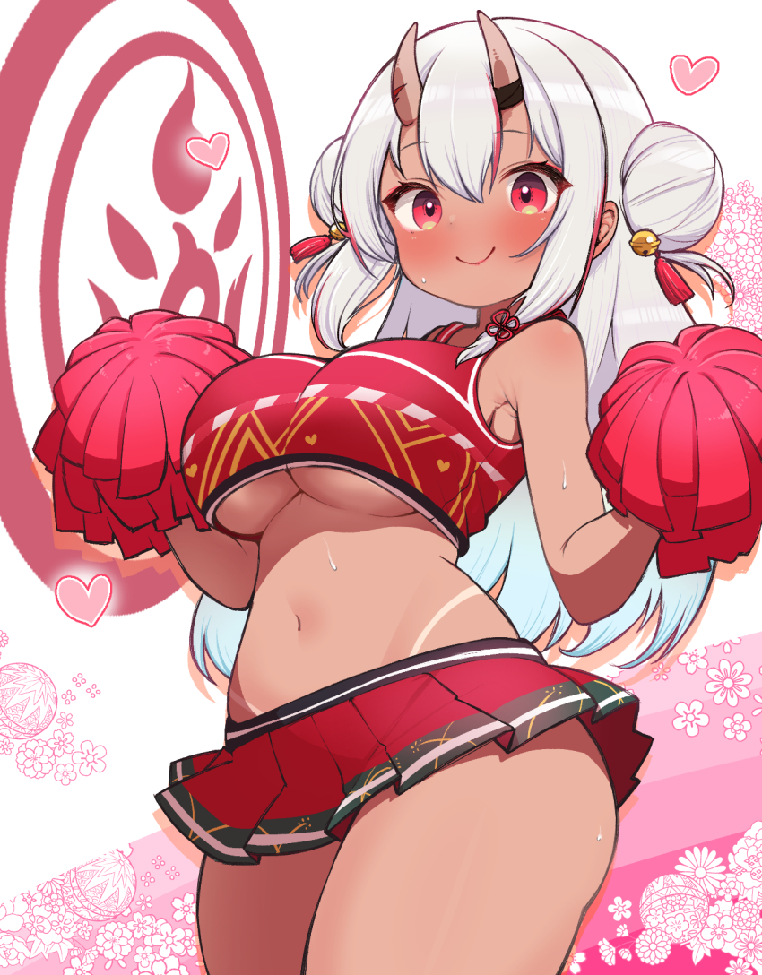 1girl alternate_breast_size bell blush breasts cheerleader commentary_request cowboy_shot double_bun grey_hair hair_bell hair_bun hair_ornament heart highres hololive horns kani_bonara large_breasts long_hair looking_at_viewer microskirt multicolored_hair nakiri_ayame navel pleated_skirt pom_pom_(cheerleading) red_eyes red_hair red_skirt skin-covered_horns skirt smile solo stomach streaked_hair tan tanline underboob virtual_youtuber white_background