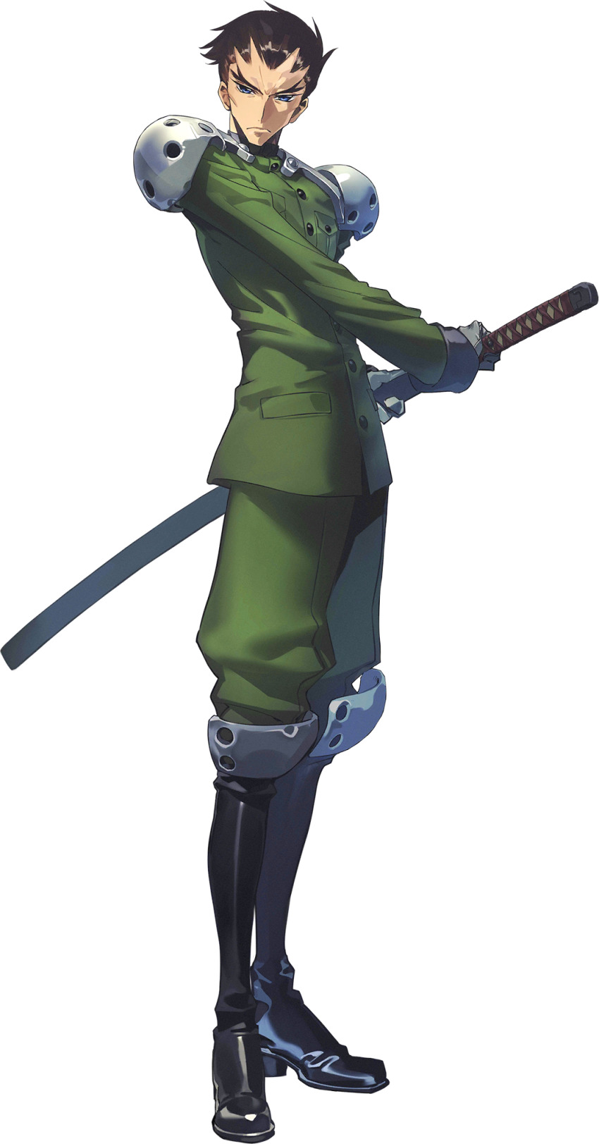 1boy armor arms_up brown_hair buttons closed_mouth code_geass code_geass:_genesic_re;code cropped_torso fighting_stance forehead forked_eyebrows furrowed_brow gloves green_jacket grey_eyes grey_gloves highres holding holding_sword holding_weapon jacket katana long_sleeves looking_at_viewer male_focus military_uniform official_art pocket short_hair shoulder_armor simple_background solo standing sword toudou_kyoushirou transparent_background two-handed upper_body v-shaped_eyebrows weapon