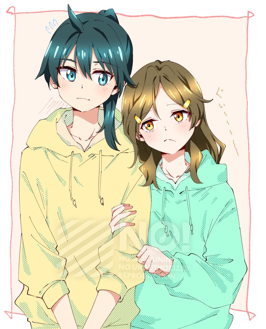 2girls ahoge arm_hug brown_eyes brown_hair drawstring green_eyes green_hair green_sweater hair_ornament hairclip highres hood hooded_sweater long_hair looking_at_viewer multiple_girls ponytail saegusa_wakaba shinomiya_himawari sideways_glance sweater upper_body vividred_operation wakahima watermark yellow_sweater