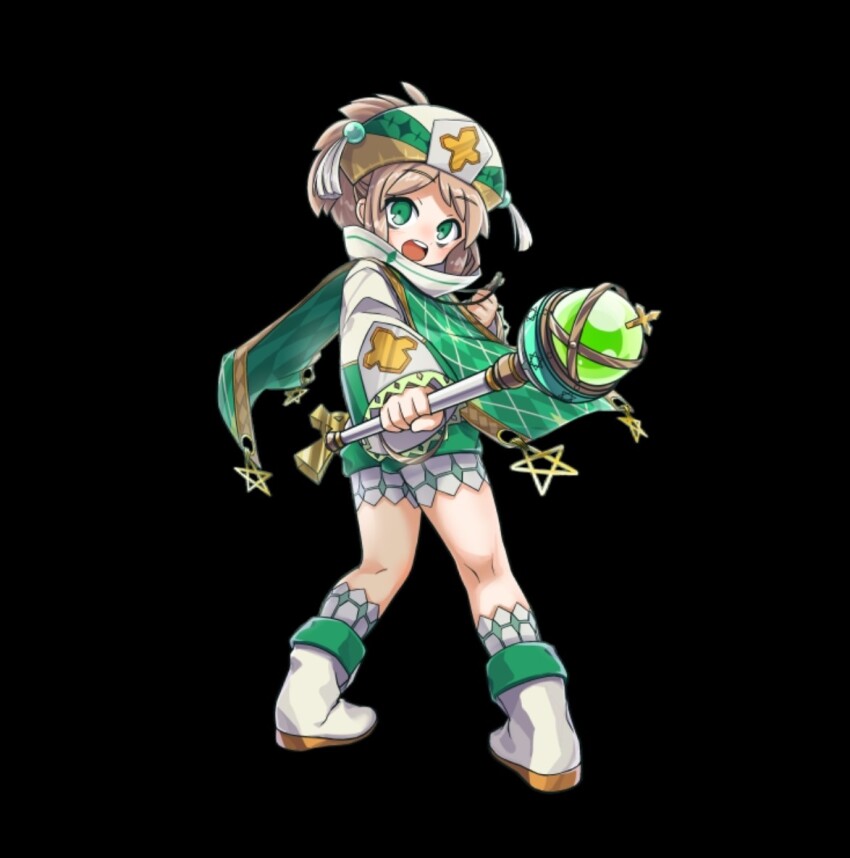 1girl black_background blush boots breasts brown_hair cross dress from_behind full_body green_eyes hat holding holding_cross holding_rod holding_weapon long_sleeves looking_at_viewer looking_back marley_(merc_storia) merc_storia merc_storia_art_team official_art open_mouth outstretched_arm pantyhose ponytail rod short_dress sidelocks simple_background small_breasts solo standing tachi-e teeth upper_teeth_only weapon white_boots white_pantyhose wide_sleeves