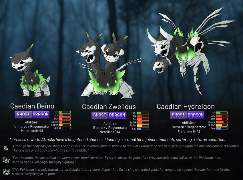 absurdres alternate_color alternate_design alternate_shiny_pokemon black_fur black_sclera catchneko22 character_name colored_sclera colored_skin colored_tips deino_(pokemon) demon_horns dragon english_text evolutionary_line fakemon gameplay_ability gameplay_mechanics gen_5_pokemon green_eyes highres horns hydreigon multicolored_hair multiple_heads multiple_wings nintendo original photo_background pokemon pokemon_(creature) pokemon_focus shiny_pokemon side-by-side skeleton sprite sprite_art stats undead white_skin wings zweilous