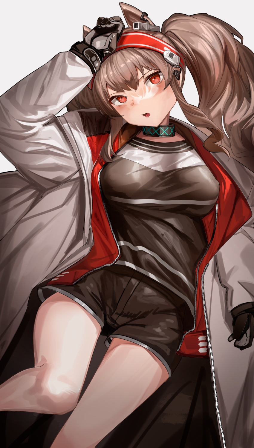 1girl absurdres alternate_breast_size_(larger) angelina_(arknights) animal_ears aoi_wakashi_chiyo arknights black_collar black_gloves black_shirt black_shorts breasts brown_hair coat collar commentary dated_commentary earpiece extra_ears fox_ears fox_girl gloves hairband hand_on_own_head head_tilt highres infection_monitor_(arknights) jacket large_breasts long_hair long_sidelocks long_sleeves looking_at_viewer multicolored_hairband open_clothes open_coat open_jacket open_mouth red_eyes red_hairband red_jacket shirt short_shorts shorts sidelocks simple_background solo striped_clothes striped_hairband twintails two-tone_hairband unzipped white_background white_coat