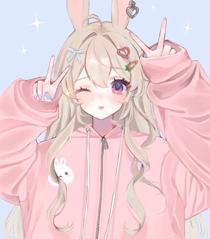 1girl absurdres ahoge animal_ears animal_print arms_up blonde_hair blue_background blue_nails bow carrot_hair_ornament closed_mouth commentary double-parted_bangs double_v drawstring earrings english_commentary fingernails food-themed_hair_ornament grey_bow hair_bow hair_intakes hair_ornament heart heart_earrings heart_hair_ornament highres hood hoodie jewelry loltinami long_hair long_sleeves multicolored_eyes nail_polish one_eye_closed pink_eyes pink_hoodie print_hoodie rabbit_ears rabbit_girl rabbit_print self-portrait single_earring sleeves_past_wrists solo tinami_(vtuber) tongue tongue_out two-tone_eyes upper_body v vdonburi virtual_youtuber zipper zipper_pull_tab