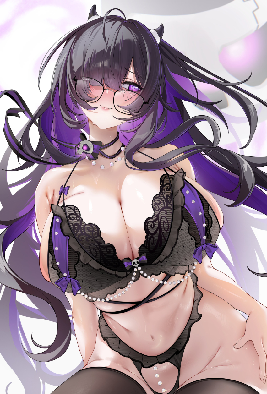 1girl @_@ absurdres averting_eyes black_bra black_hair black_panties black_thighhighs blush bra breasts choker cleavage colored_inner_hair commentary_request crack cracked_glass frilled_panties frills glasses goddess_of_victory:_nikke hair_over_one_eye halterneck highleg highleg_panties highres huge_breasts label_(nikke) lingerie long_hair multicolored_hair navel panties purple_eyes ribbon_choker solo stomach thighhighs toge0toge0 underwear underwear_only very_long_hair