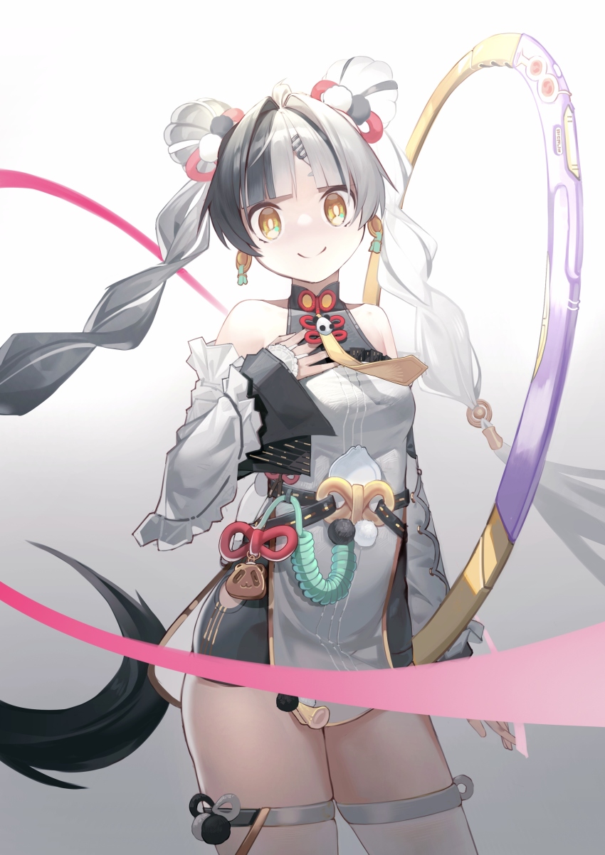 1girl absurdres bare_shoulders black_hair braid braided_twintails china_dress chinese_clothes commentary corded_phone detached_sleeves dialyn_(zenless_zone_zero) dress earrings hair_extensions hair_ornament highres jewelry long_hair multicolored_hair multicolored_nails necktie phone ring_hair_extensions solo split-color_hair symbol-only_commentary white_hair yellow_eyes zenless_zone_zero zifu_z