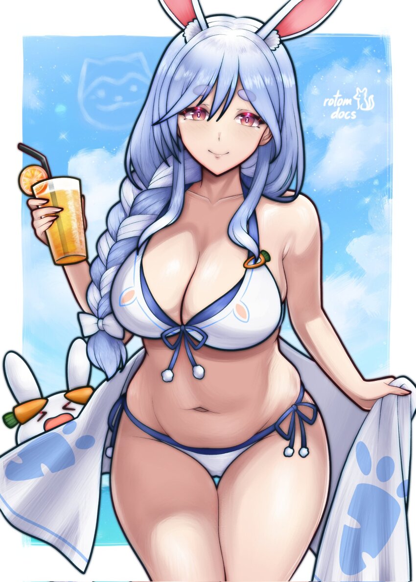 1girl animal_ear_fluff animal_ears artist_name bikini blue_hair border bow braid braided_ponytail breasts closed_mouth commentary commission cowboy_shot cup drinking_glass drinking_straw english_commentary food fruit hair_between_eyes hair_bow highres holding holding_cup hololive large_breasts legs_together long_hair looking_at_viewer mature_female multicolored_hair navel orange_(fruit) orange_eyes orange_slice outside_border pekomama pekomon_(usada_pekora) rabbit-shaped_pupils rabbit_ears rabbit_girl rotomdocs sarong short_eyebrows side-tie_bikini_bottom smile solo standing swimsuit symbol-shaped_pupils thick_eyebrows thigh_gap tropical_drink two-tone_hair virtual_youtuber white_bikini white_border white_bow white_hair white_sarong