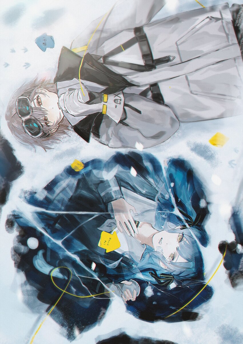 2girls absurdres bang_dream! bang_dream!_it's_mygo!!!!! black_ribbon blue_hair blue_shirt brown_eyes commentary crying crying_with_eyes_open english_commentary eyewear_on_head feiyu30903448 gloves grey_hair grey_jacket hair_ribbon highres jacket long_hair multiple_girls purple_eyes ribbon school_uniform shirt short_hair sticky_note string string_of_fate string_phone takamatsu_tomori tears togawa_sakiko tsukinomori_school_uniform white_gloves yellow_eyes