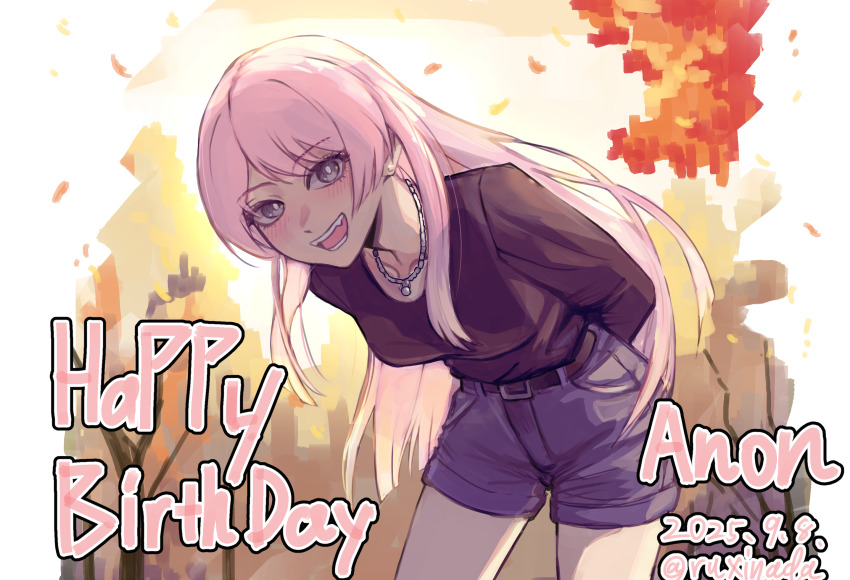1girl arms_behind_back autumn_leaves bang_dream! bang_dream!_it's_mygo!!!!! belt black_belt black_shirt blue_shorts breasts chihaya_anon commentary earrings fang grey_eyes happy_birthday highres jewelry leaf long_hair looking_at_viewer medium_breasts necklace open_mouth pink_hair rushinada shirt shorts solo teeth