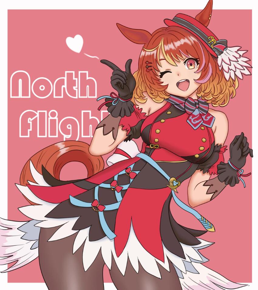 1girl animal_ears black_gloves black_pantyhose breasts brown_hair commentary_request dress ears_through_headwear gloves hair_between_eyes hair_ornament hairclip hat heart highres horse_ears horse_girl horse_tail looking_at_viewer medium_breasts medium_hair north_flight_(looking_fly!)_(umamusume) north_flight_(umamusume) one_eye_closed open_mouth pantyhose red_dress sleeveless smile solo sorodansu tail teeth tilted_headwear umamusume upper_teeth_only