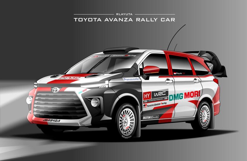 artist_name brembo car commentary dunlop english_commentary grey_background highres indonesian_flag light_rays motor_vehicle no_humans original panasonic_corporation product_placement rlayuta shadow simple_background spoiler_(automobile) toyota toyota_avanza toyota_gazoo_racing vehicle_focus