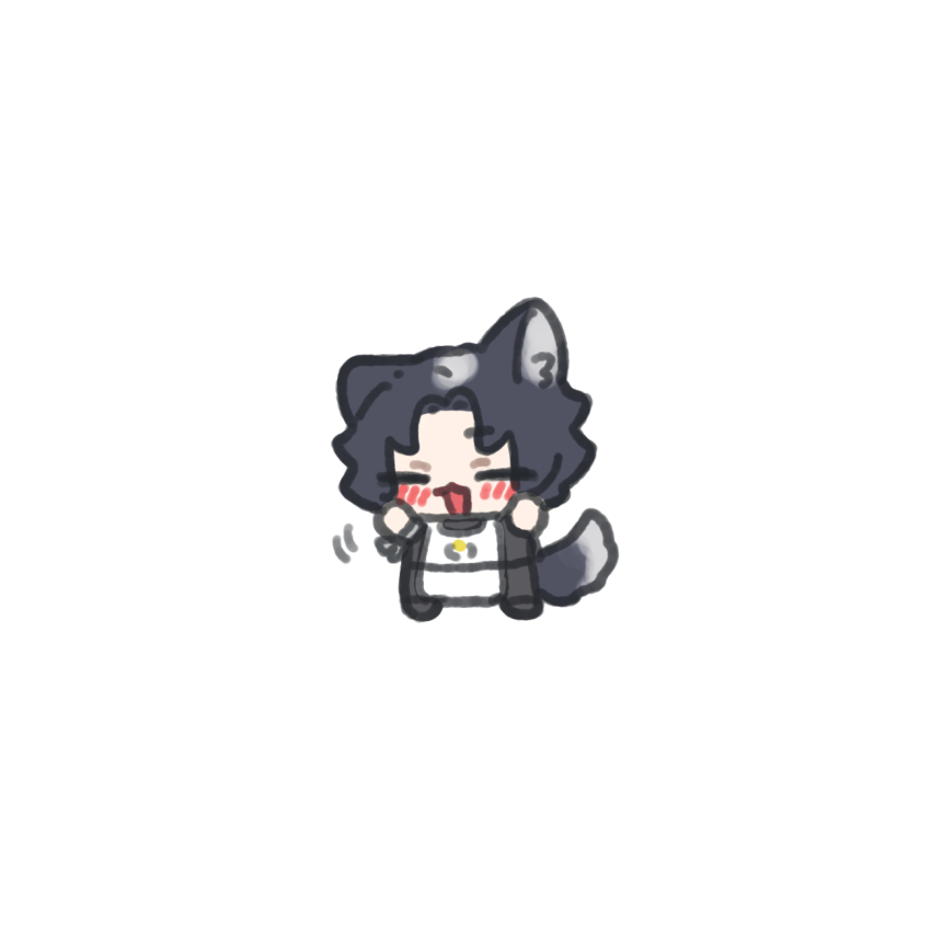 1boy :3 animal_ears apron arknights black_hair blush chibi chickenuma_0 closed_eyes commentary_request dog_boy dog_ears dog_tail highres jewelry male_focus necklace open_mouth simple_background smile solo tail tail_wagging white_apron white_background windflit_(arknights)
