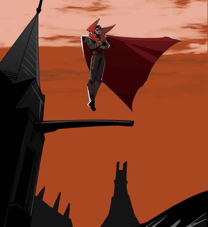 absurdres black_hair cape castle cloak closed_mouth commentary crossed_arms doctor_strange doctor_strange_(series) dragon_ball dragonball_z english_commentary facial_hair full_body highres long_sleeves male_focus marvel marvel_rivals neitheyagi red_cloak short_hair sky superhero_costume