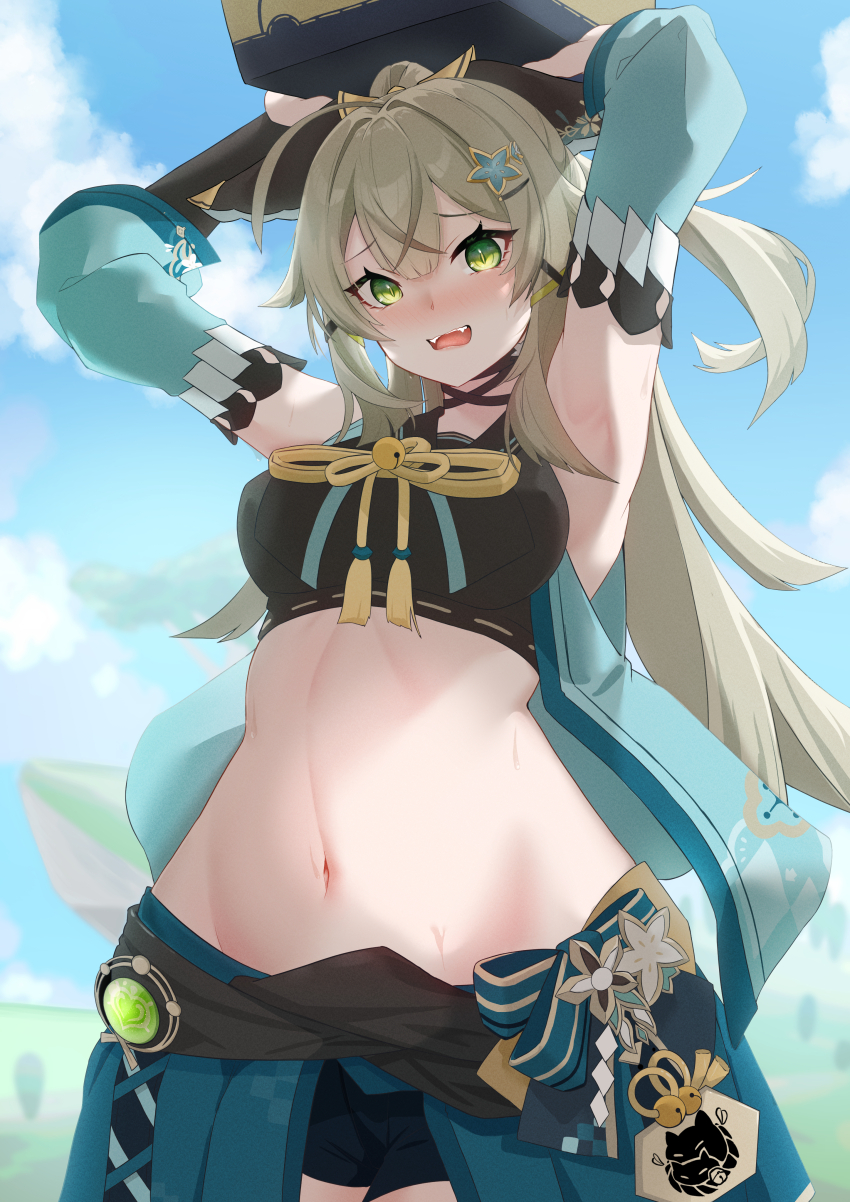 1girl absurdres armpits arms_up black_shirt blue_skirt blue_sky breasts cloud commentary crop_top day detached_sleeves fangs genshin_impact green_eyes grey_hair highres holding huzi_jun753 kirara_(genshin_impact) long_hair long_sleeves looking_at_viewer medium_breasts midriff navel open_mouth outdoors shirt skirt sky solo stomach very_long_hair