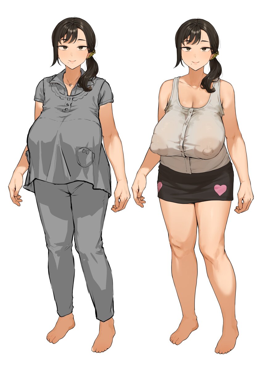 1girl bad_tag bare_shoulders barefoot black_hair black_skirt breasts cleavage closed_mouth collarbone collared_shirt covered_erect_nipples full_body grey_pants grey_shirt hair_over_shoulder heart kono_(yuri_kotone_ero) large_areolae large_breasts long_hair looking_at_viewer low_ponytail mature_female miniskirt mole mole_under_mouth multiple_views nipples pants pocket ponytail see-through_clothes shirt short_sleeves side_ponytail simple_background skirt sleeveless sleeveless_shirt smile standing takenoko_no_you tank_top thighs white_background
