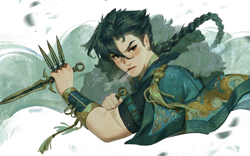 1boy amonimy arm_garter artist_name black_shirt blush bracer braid brown_eyes cape cloak cloud commentary dagger floral_print fur-trimmed_cape fur_trim green_background green_cape green_cloak green_hair green_trim highres holding holding_dagger holding_knife holding_weapon knife light_particles long_hair looking_at_viewer male_focus mullet open_mouth original portrait print_cape shirt single_braid snake_print solo symbol-only_commentary tassel upper_body weapon