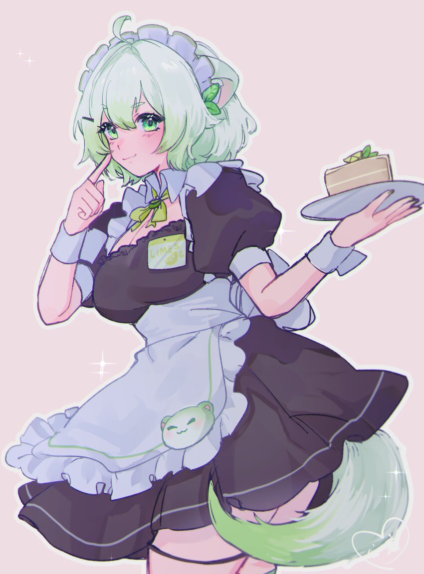 absurdres ahoge alternate_costume animal_ears apron bob_cut breasts cake cake_slice cleavage commentary dress english_commentary ferret_ears ferret_girl ferret_tail food frills gradient_hair gradient_tail green_eyes green_hair green_nails green_tail highres holding holding_plate kokomi_(aniesuakkaman) laimu_(vtuber) large_breasts limon_(laimu) maid maid_apron maid_headdress multicolored_hair multicolored_tail name_tag official_alternate_costume plate pointing pointing_at_self puffy_short_sleeves puffy_sleeves short_sleeves tail thigh_strap thighs two-tone_hair two-tone_tail vinesauce virtual_youtuber white_hair white_tail