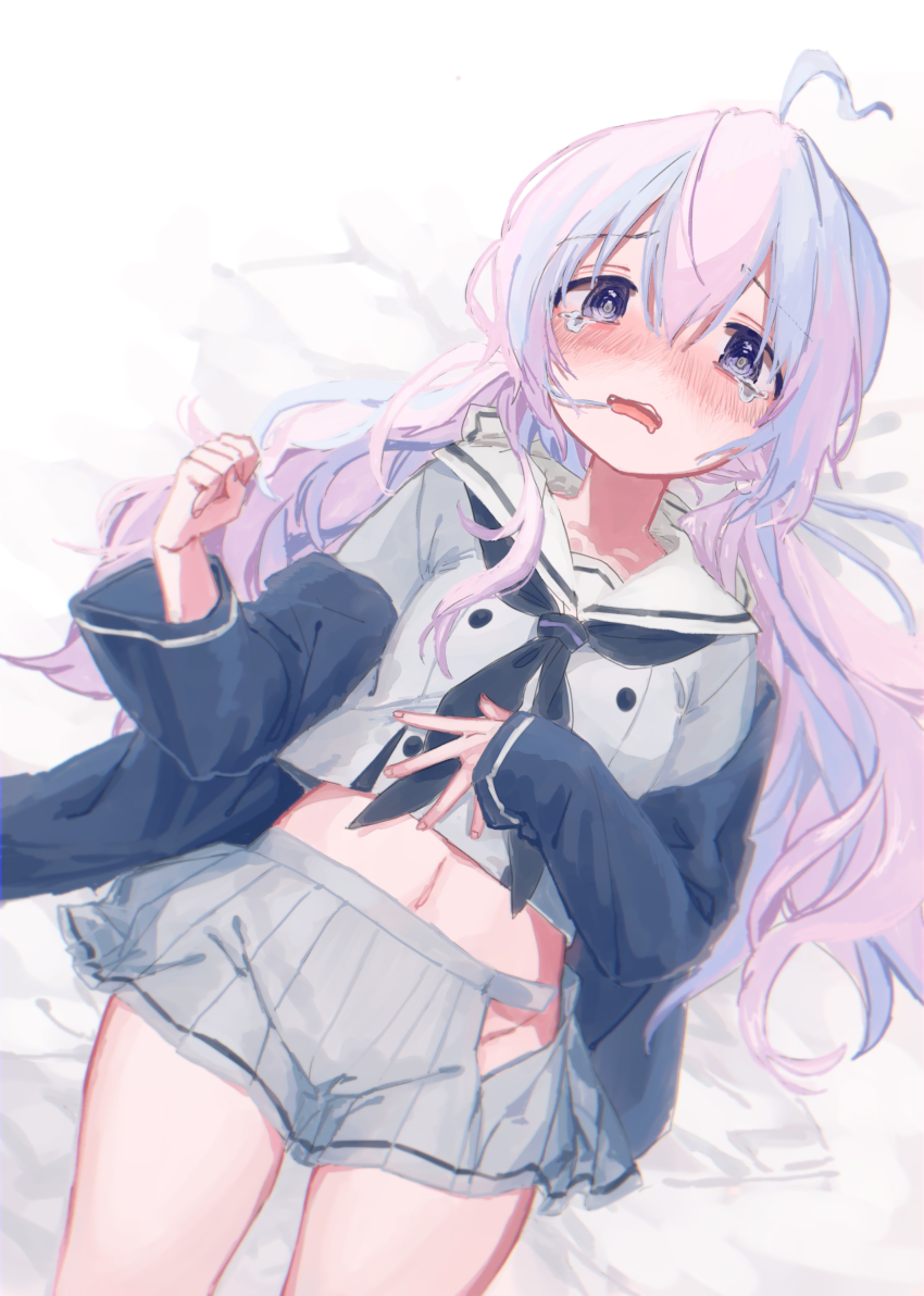 1girl @_@ absurdres ahoge black_jacket black_neckerchief blue_archive blue_hair blush clenched_hand commentary_request cowboy_shot disheveled drooling dutch_angle furrowed_brow grey_serafuku grey_shirt grey_skirt hair_between_eyes hair_in_own_mouth hair_spread_out hand_on_own_stomach highres jacket jacket_partially_removed kisaka long_hair long_sleeves looking_at_viewer low_twintails lying midriff miniskirt mouth_drool multicolored_hair navel neckerchief no_panties nose_blush on_back open_clothes open_jacket open_mouth pink_hair pleated_skirt purple_eyes reisa_(blue_archive) sailor_collar school_uniform serafuku shirt sidelocks simple_background skirt solo tareme tearing_up tears teeth twintails two-tone_hair upper_teeth_only very_long_hair wavy_mouth white_background white_sailor_collar wide_sleeves wilted_ahoge