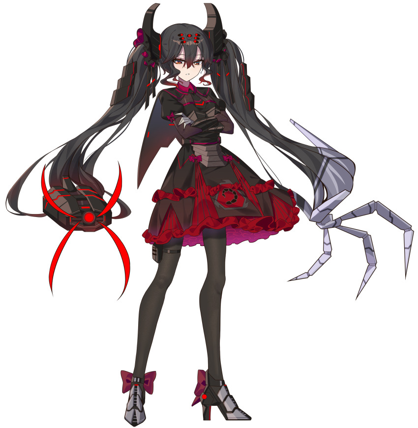 1girl black_dress black_gloves black_hair black_necktie black_pantyhose breasts brotherhood_of_nod character_request command_&amp;_conquer copyright_request ddt_(darktrident) dress frilled_dress frills gloves high_heels highres long_hair looking_at_viewer mecha_musume necktie pantyhose personification red_eyes skindentation small_breasts thigh_strap twintails very_long_hair white_background